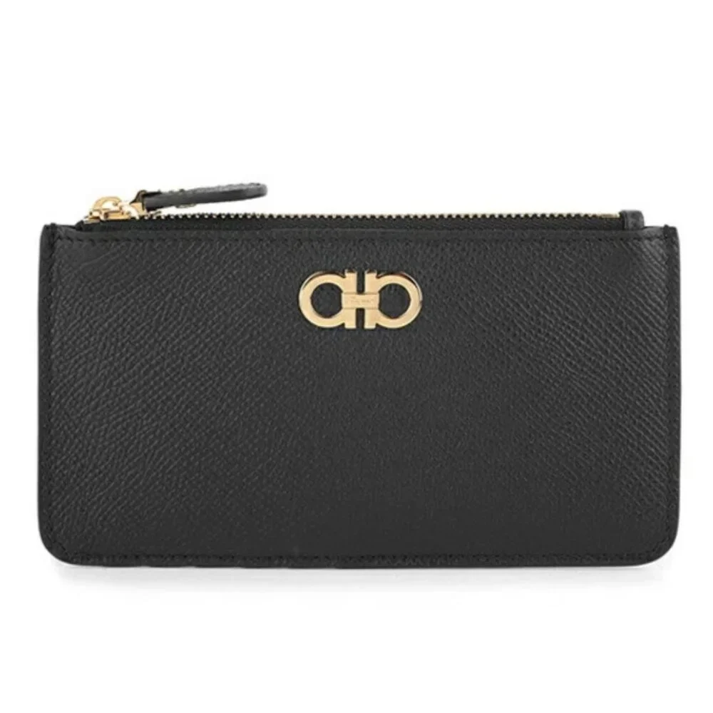 Salvatore Ferragamo Black Leather Zip Wallet with Gold Logo